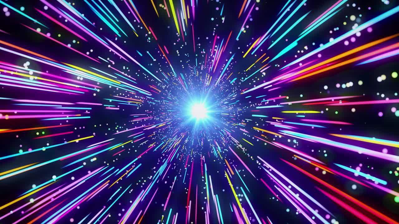 4k Speed of light Light Streaks Multicolor neon glowing rays and stars in motion Lines hyperspace background.