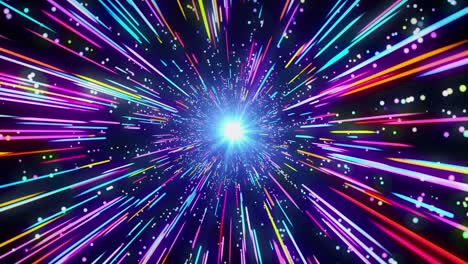 4k velocidad de la luz rayas de luz multicolor neón rayos brillantes y estrellas en líneas de movimiento hiperespacio de fondo.