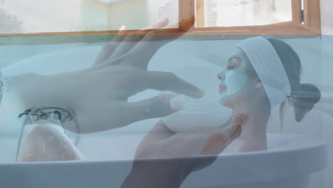 in bathtub, woman relaxing with face mask, animation of hands holding cream