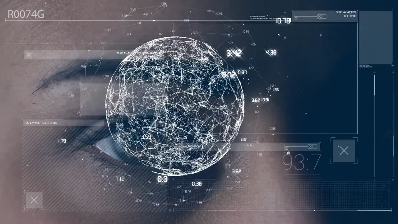 animación del globo y procesamiento de datos sobre los ojos de una mujer caucásica