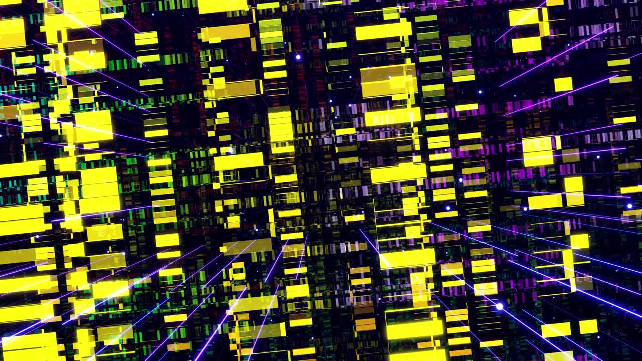 glow rectángulos, rayas y líneas. diseño de movimiento vj bucle. estructura 3d. gráfico de movimiento, cámara fly throungh espacio de arte abstracto, estructura multicapa con patrón y partículas. color gradiente arco iris