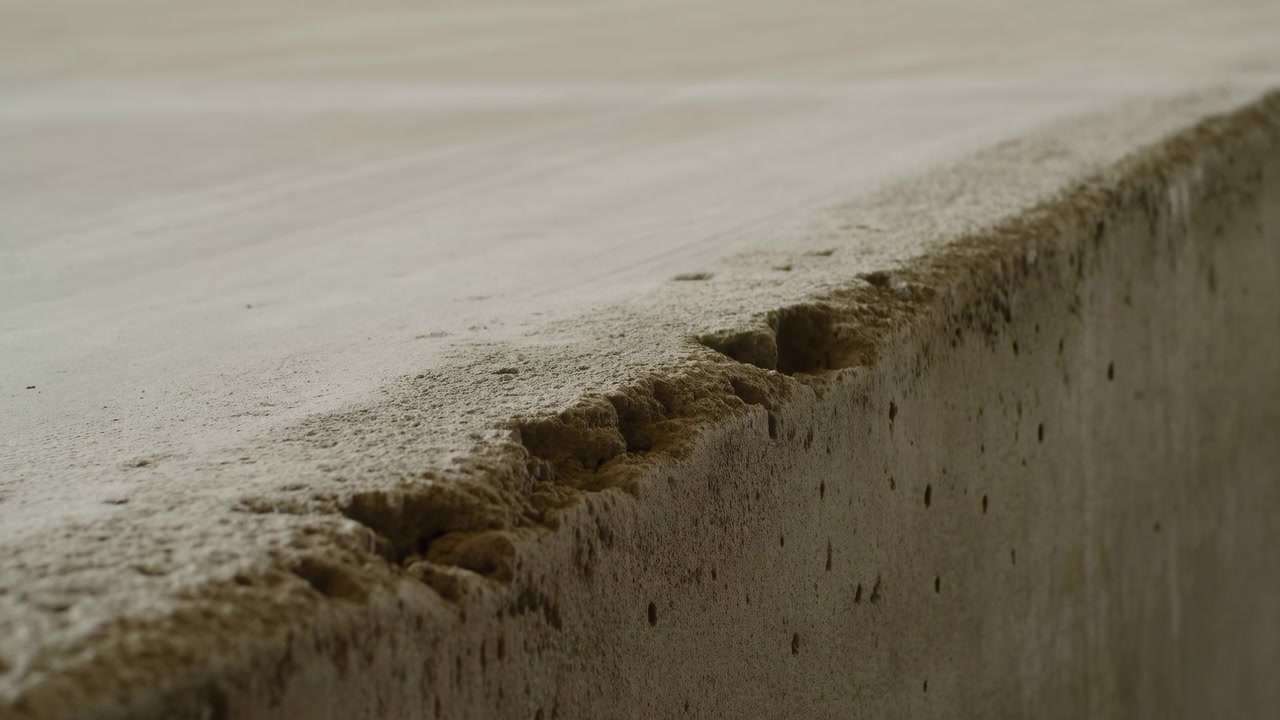 Vista en ángulo cercano que se mueve lentamente a lo largo del borde de un bloque de hormigón desgastado con huecos rotos y granos irregulares, mientras tonos beige apagados, luz suave y un fondo borroso enfatizan el detalle de la superficie rugosa