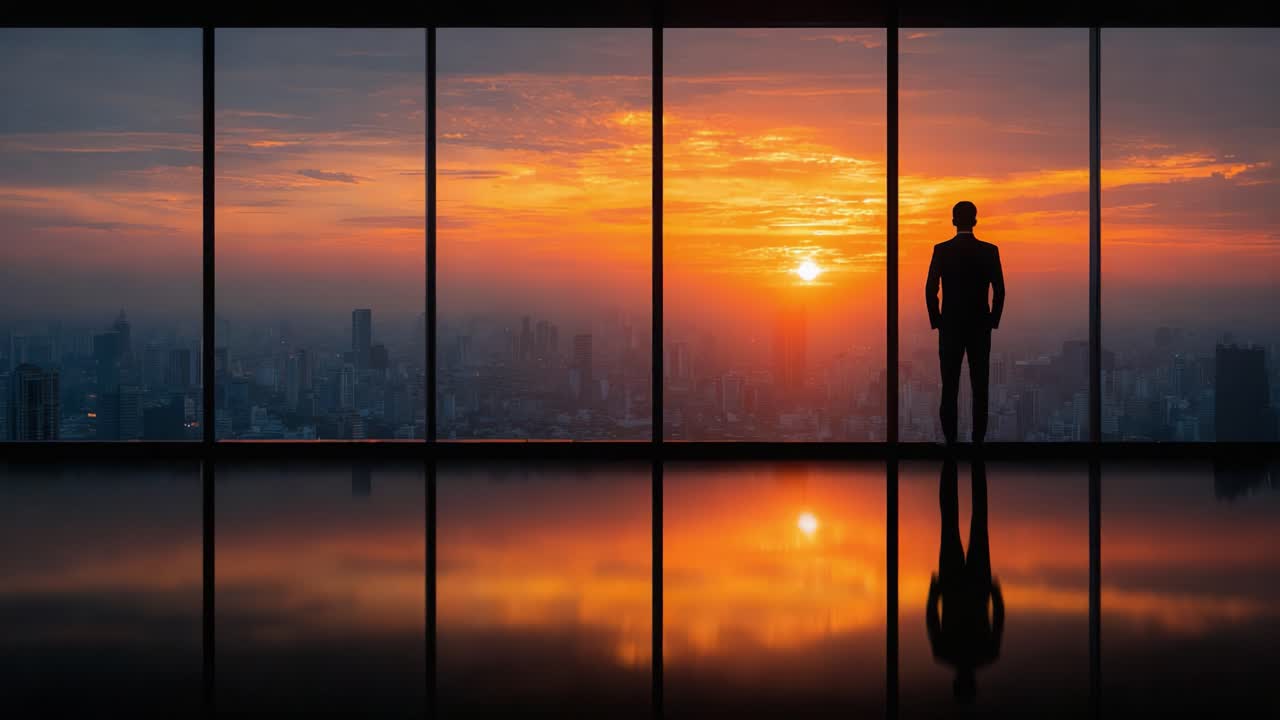Un homme d'affaires en silhouette sur un coucher de soleil époustouflant, observant le passage du jour à la nuit, symbolisant la réflexion et l'opportunité dans la vie urbaine.