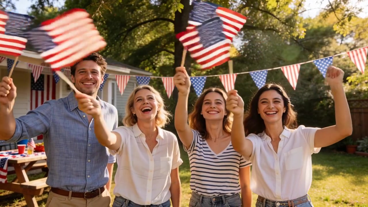 Camera rolling four friends lifting small US flags in backyard, celebrating with bunting and picnic