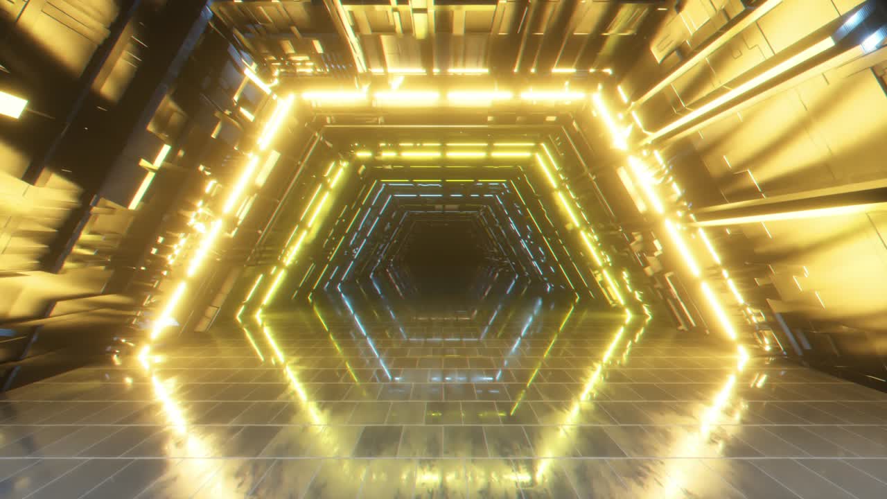 밝은 네온 기하학 터널에서 날아가는 미래 기술, 현대적인 컬러 스트럼, 반이는 네온 형광 램프와 함께 방 인테리어, 미래 건축 배경, 이 루프, 3d 렌더링