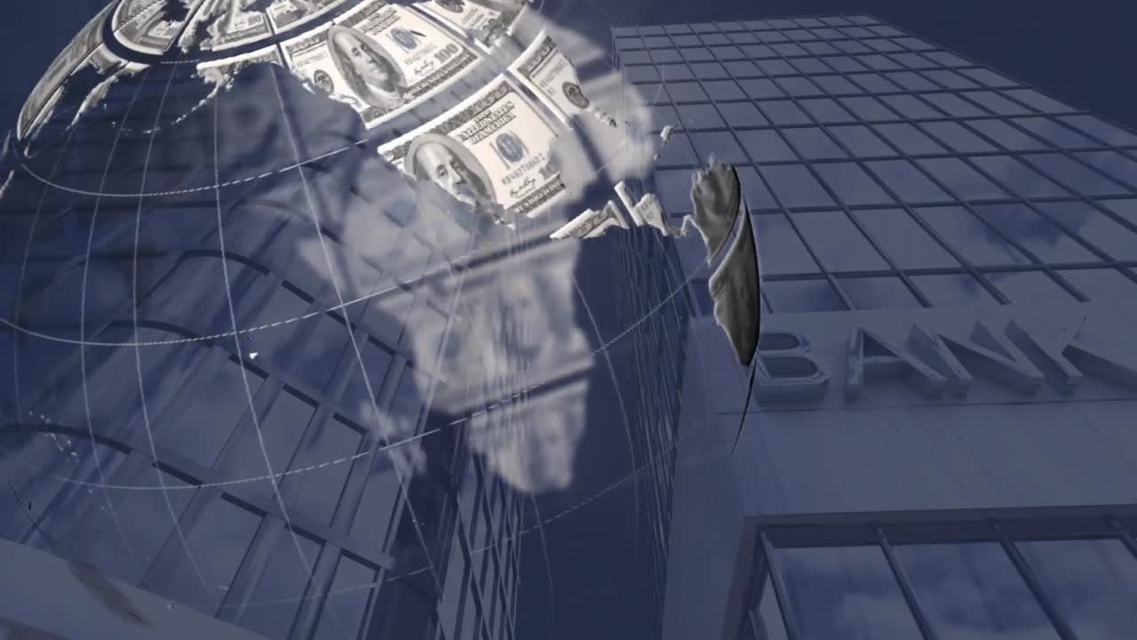 현대 은행 건물 위에 미국 달러 지폐로 형성 된 지구촌의 애니메이션