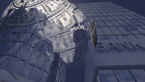 animation of globe formed with american dollar bills over modern bank building