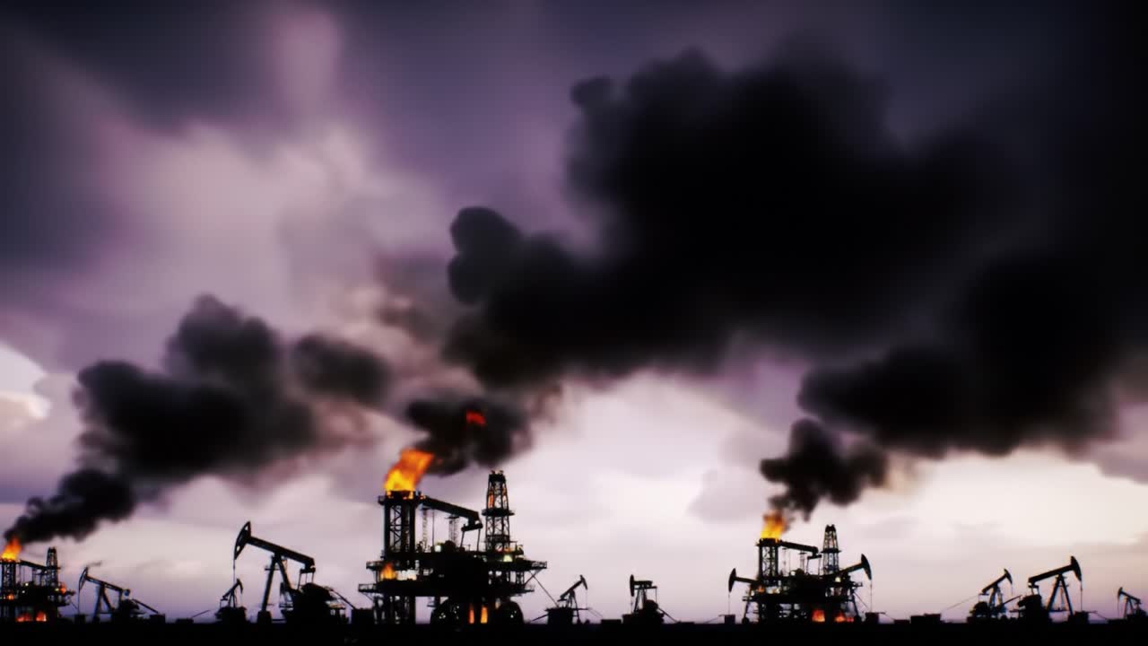 Dramatic Contrast of Oil Rigs Against Stormy Sky: A Captivating Visual of Energy Production Amidst Nature's Fury