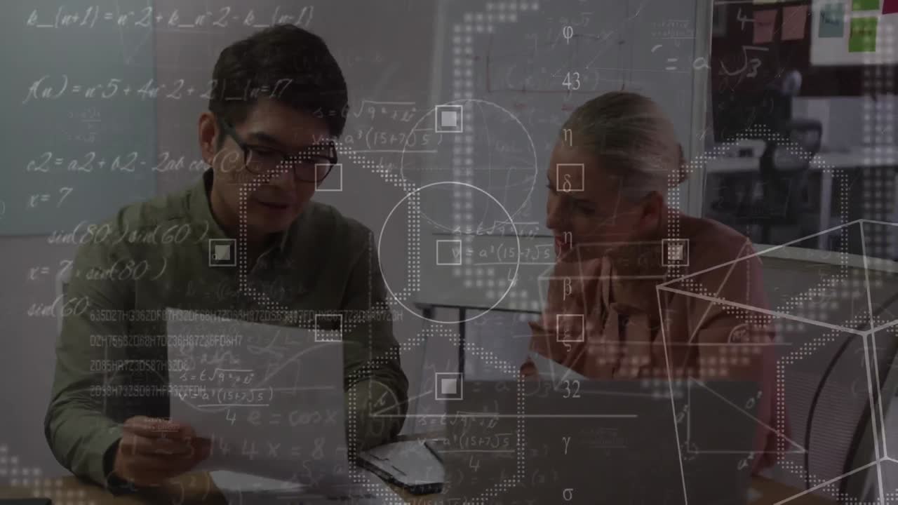 Animation of maths equations and shapes over diverse male and female colleagues talking in office