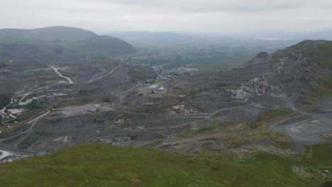 Slate-quarry-and-mining-in-Blaenau-Ffestiniog-Gwynedd,-Wales-aerial-4K-footage