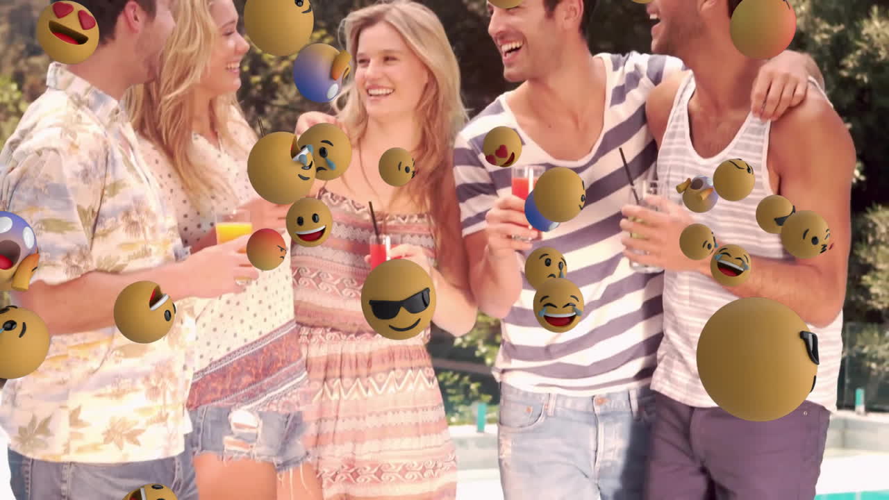 웃고 미소 짓는 이모지 애니메이션 밖에서 술을 즐기는 친구들