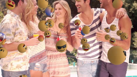 laughing and smiling emoji animation over friends enjoying drinks outdoors