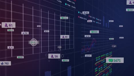 Animation-Mehrerer-Diagramme,-Benachrichtigungsleisten-Und-Handelstafel-Auf-Schwarzem-Hintergrund