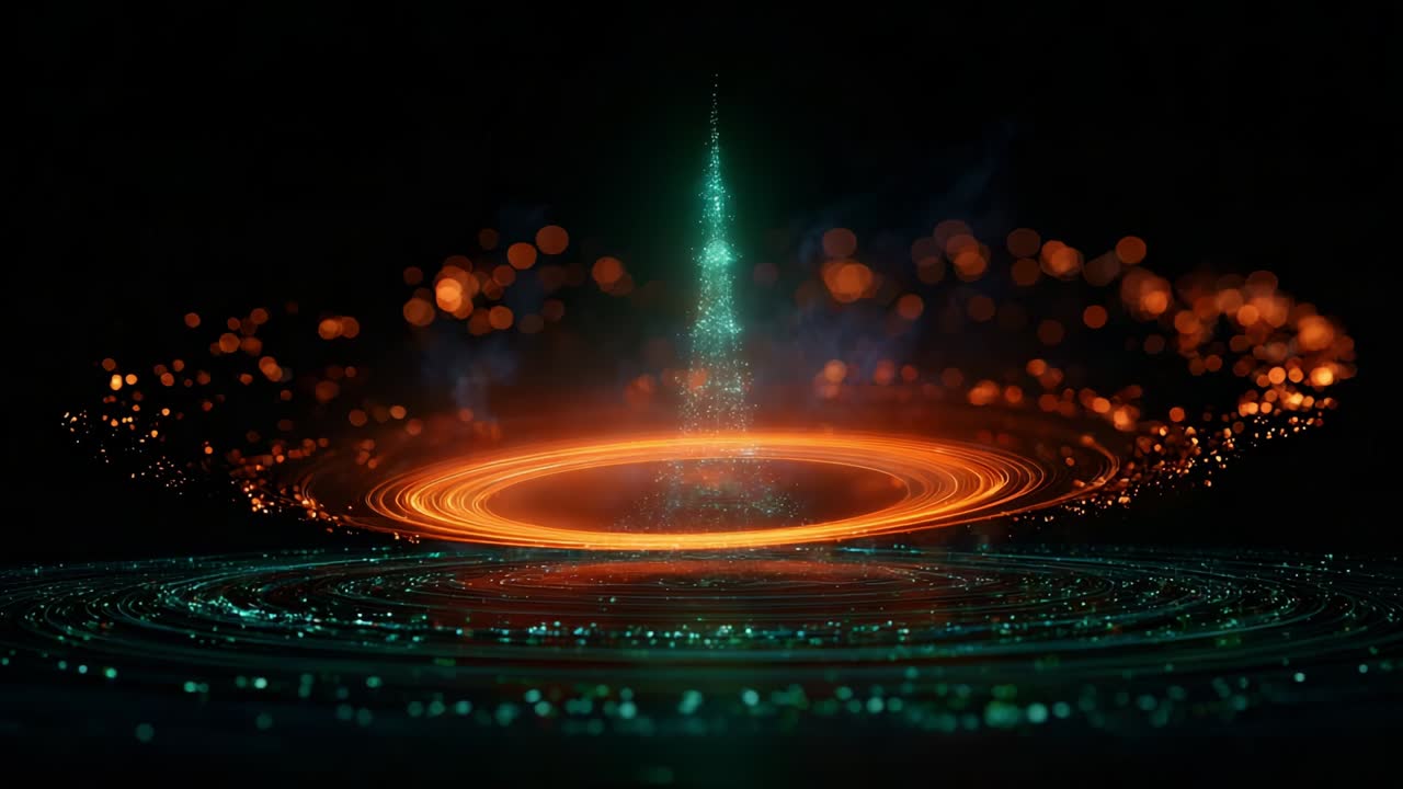 A mesmerizing visualization of a glowing tower surrounded by vibrant swirling rings of energy, encapsulating the essence of cosmic phenomena and the beauty of dynamic light effects in digital artistry