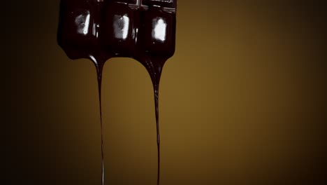 chocolate bar with melted chocolate syrup dripping flowing over dark brown background, confectionery