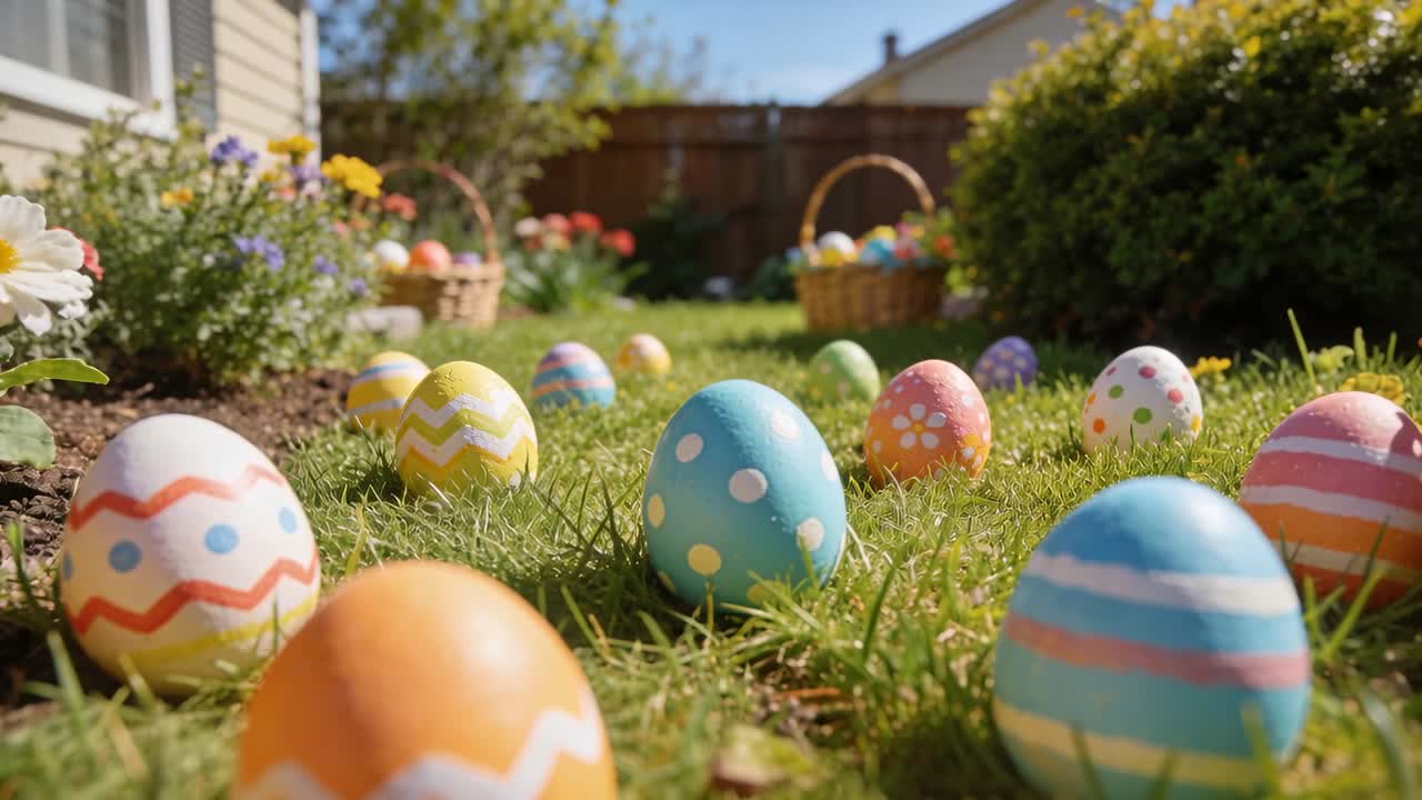 Pulling back camera revealing painted Easter eggs across small front yard, showing wicker baskets