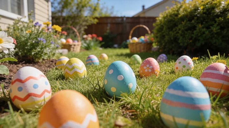 Pulling back camera revealing painted Easter eggs across small front yard, showing wicker baskets