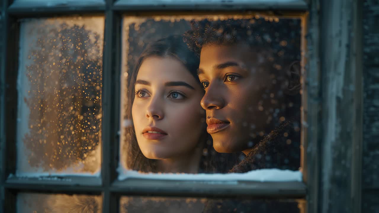 Noticing snowflakes dancing outside two women in coats inside cabin behind frosted window