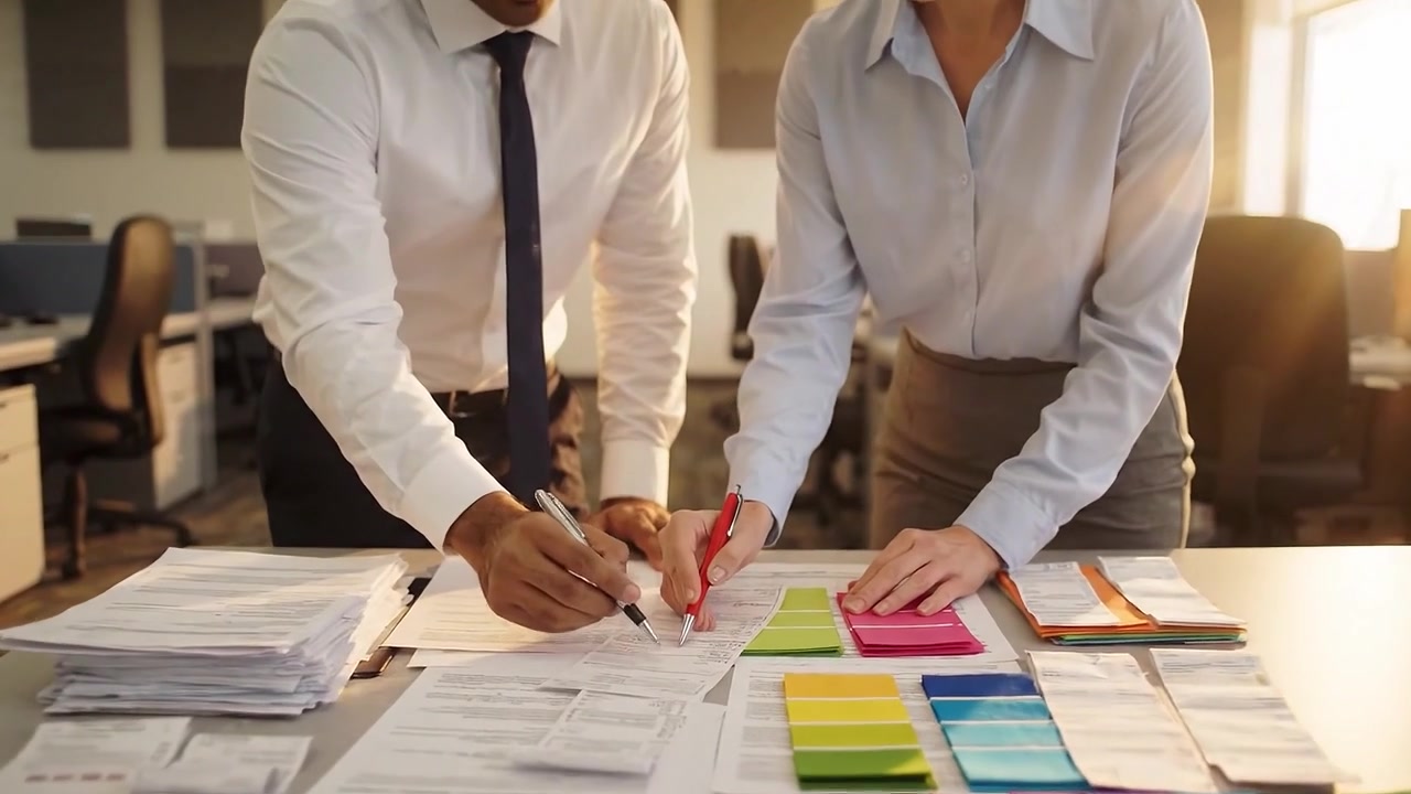 Collaboration at Work: Two Professionals Analyzing Documents Together in an Office, Utilizing Colorful Sticky Notes and Printed Papers for Organization and Clarity