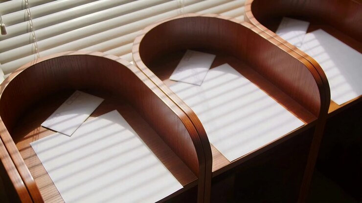 Moving sun through window slats casting striped shadows across three wood mail trays on sill, paper