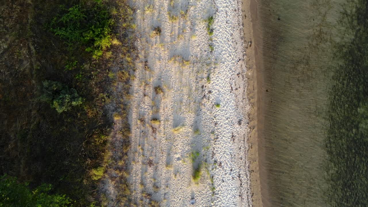 Vista aerea in volo in avanti della linea tra spiaggia e mare da una prospettiva a volo d'uccello, Turchia