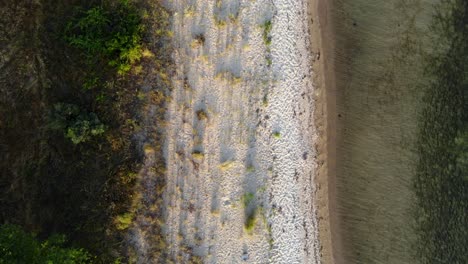 Aerial-forward-flight-view-of-line-between-beach-and-sea-from-bird-eye-perspective,-Turkey