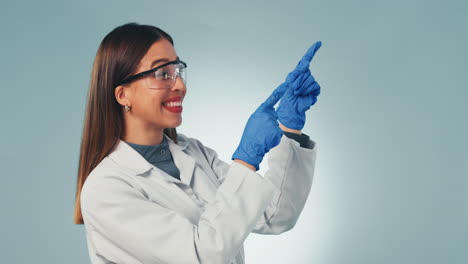 Woman,-hands-and-happy-scientist-pointing