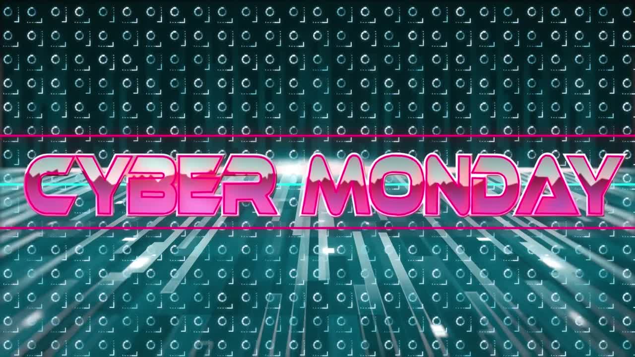 Animation of cyber monday text in pink metallic letters over pattern and neon lines