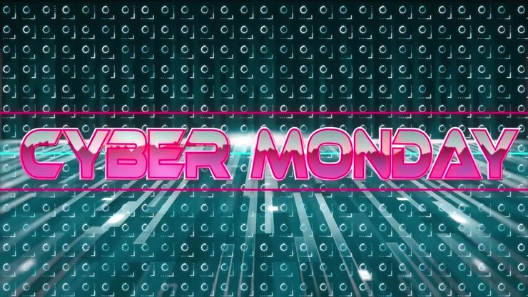 Animation of cyber monday text in pink metallic letters over pattern and neon lines