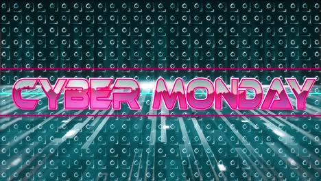 Animation-Von-Cyber-Monday-Text-In-Rosa-Metallischen-Buchstaben-über-Muster-Und-Neonlinien