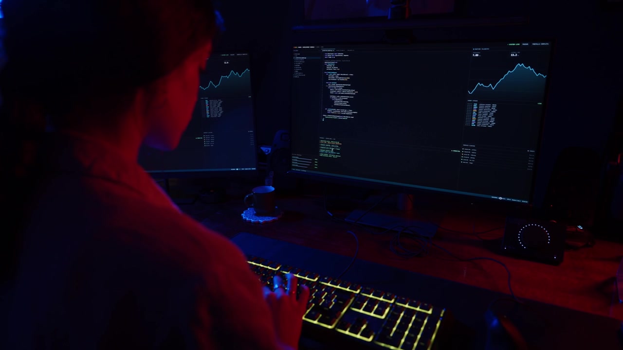 Sviluppatore software che programma su doppi monitor in una stanza buia