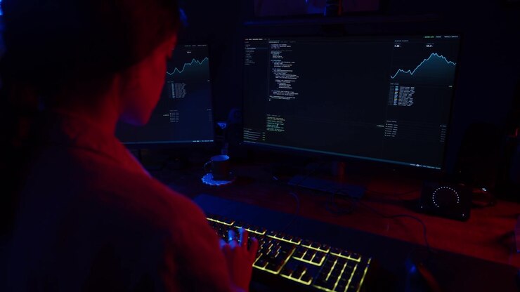 Software Developer Coding on Dual Monitors in Dark Room