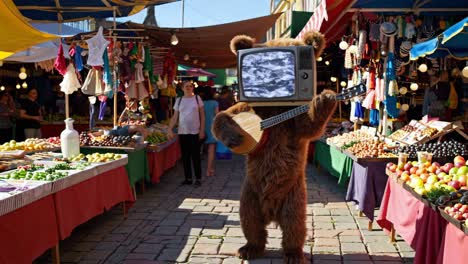 bear with a tv head playing a banjo at a market