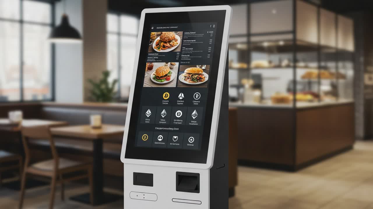 Advanced Digital Ordering Kiosk in a Modern Restaurant Offering Interactive Menu Options and Efficient Food Selection Processes