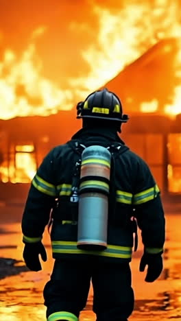 firefighter facing a burning building. a firefighter approaches a raging fire consuming a structure during nighttime. bright flames illuminate the scene.