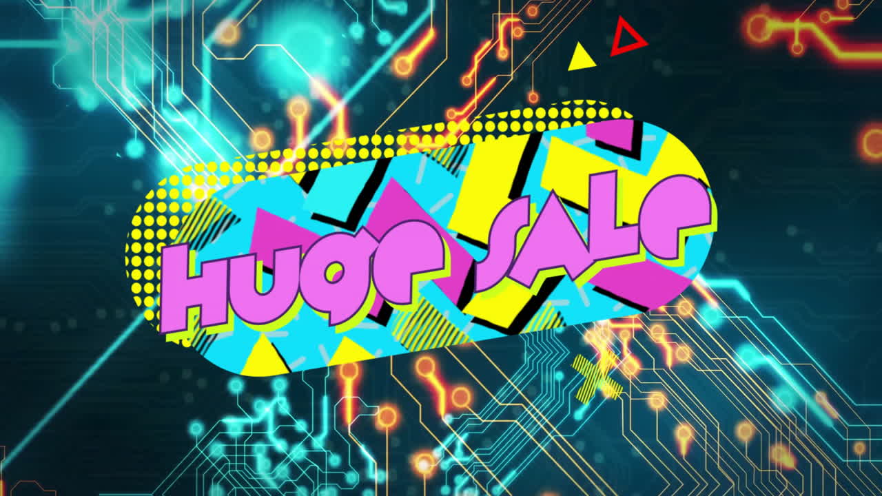 Animation with colorful geometric shapes and circuitry featuring HUOP SALO text