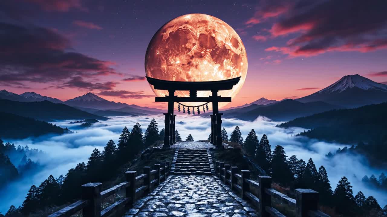 Japanilainen torii-portti vuoren huipulla täysikuun alla.