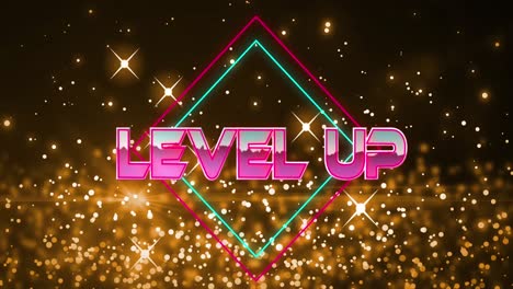 Animation-of-level-up-text-banner-over-shining-stars-and-light-sparks-against-black-background