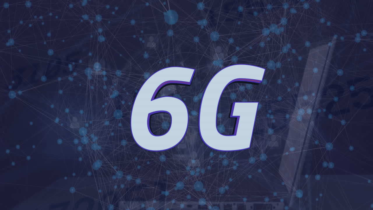 animación de texto 6g y red de conexiones a través de globo giratorio y portátil.