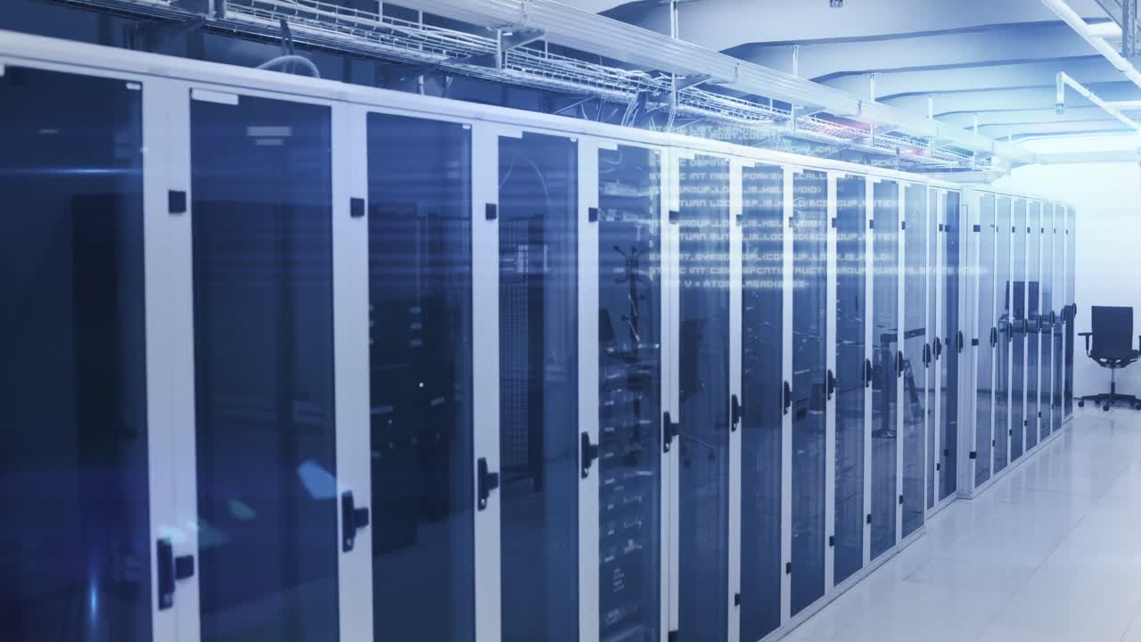 Computer servers in a server room with glowing lights