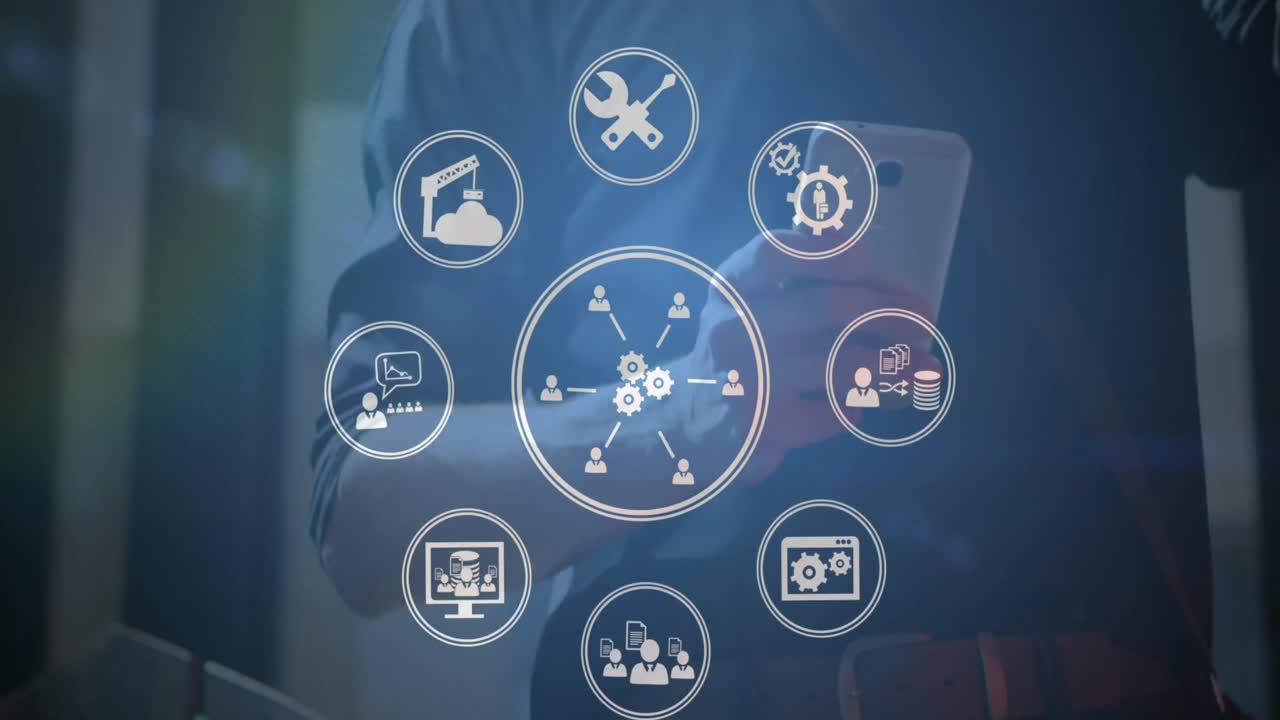 animación de iconos digitales sobre la sección media de un hombre bebiendo café y usando un teléfono inteligente en la oficina.