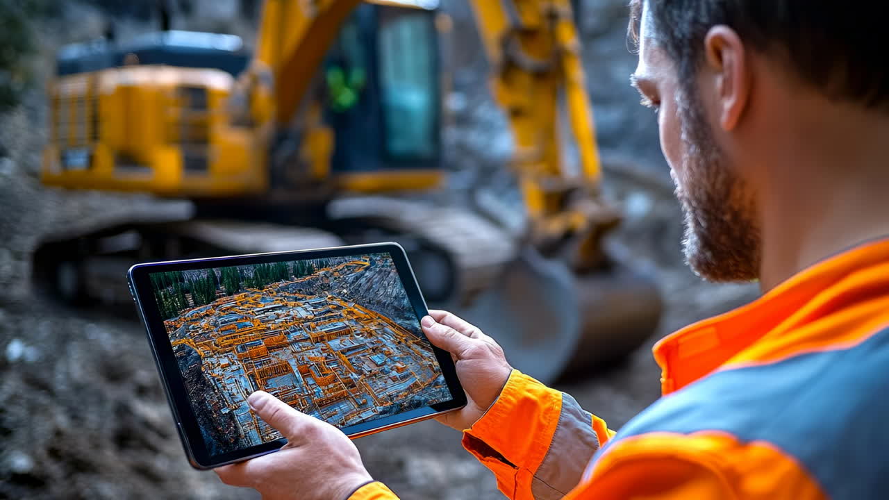 Worker uses tablet to view construction site data while excavator operates in background