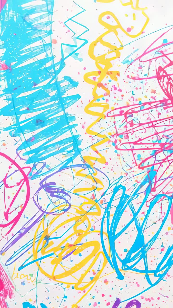 Vertical video: Pulling lens back, revealing canvas in studio: multicolored scribbles and splatters