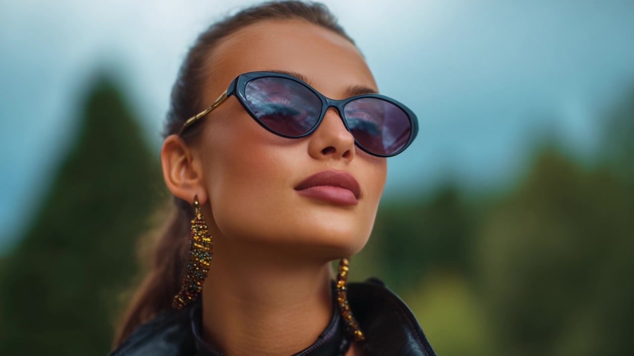 A confident young woman models oversized sunglasses, showcasing her stylish outfit and elegant accessories against a soft, natural background with a cloudy sky.