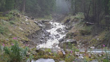 closed road due to river digging new ways through the ground - wet and misty rainy day in western norway with river digging new waterway