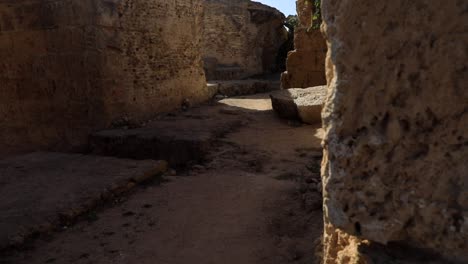 Ancient-ruins-in-Carthage,-Tunisia,-with-warm-sunlight-casting-shadows-on-stone-walls