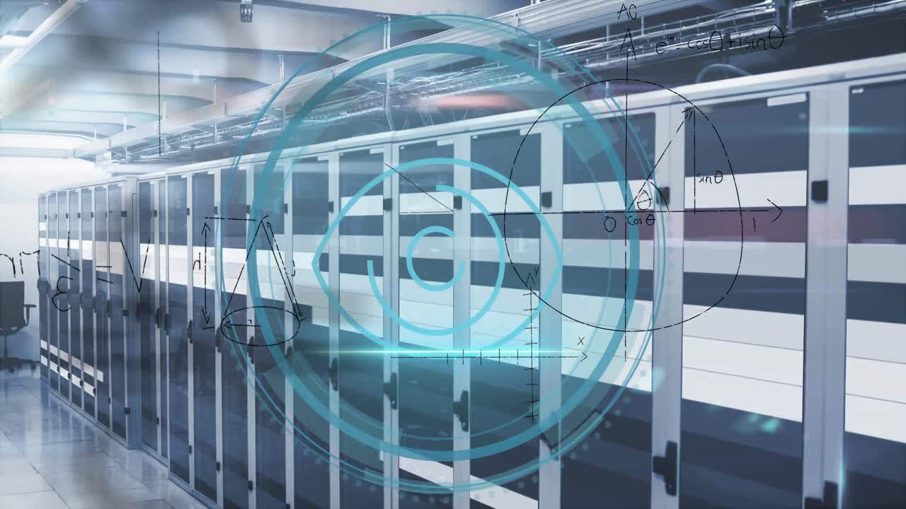 animación del texto de seguridad cibernética con escaneo de alcance y ecuaciones matemáticas sobre la sala de servidores