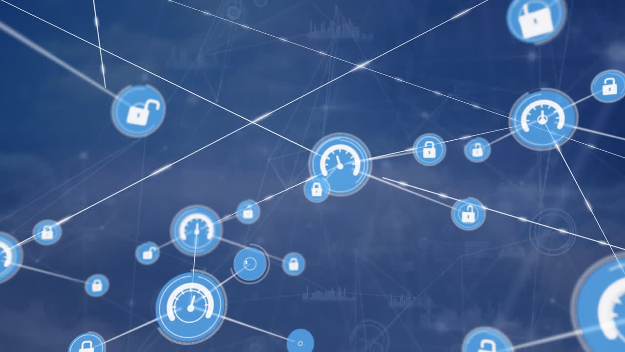 Animation of circuit board network of connections with digital icons