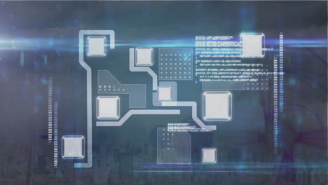 animation of data processing over cityscape