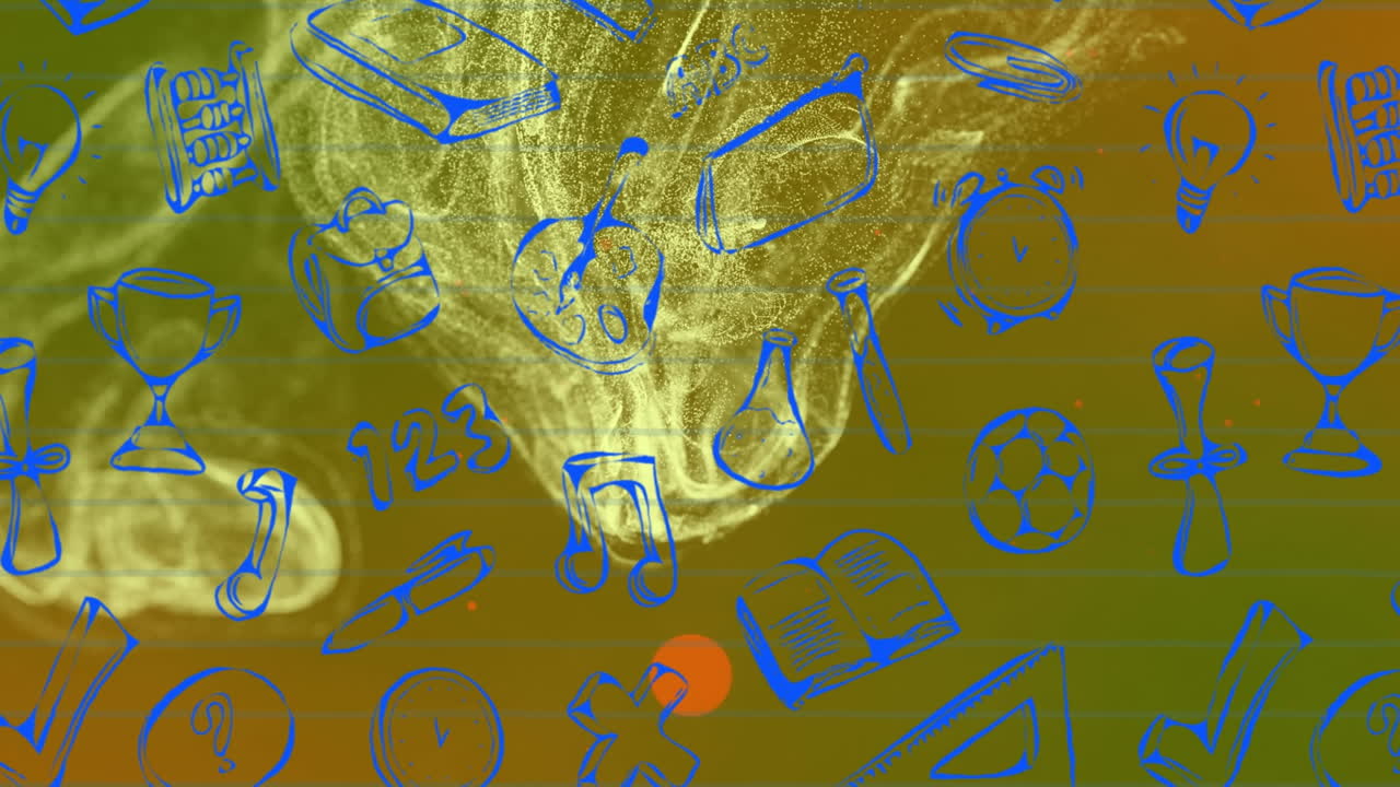 animación de artículos escolares y energía sobre fondo verde